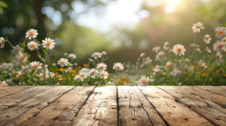 Empty wooden table with flower background with Blur effect.の素材