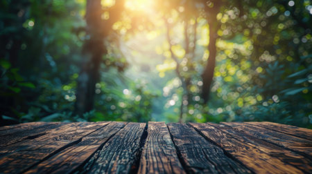 Empty wooden table with Forest background with Blur effect.の素材