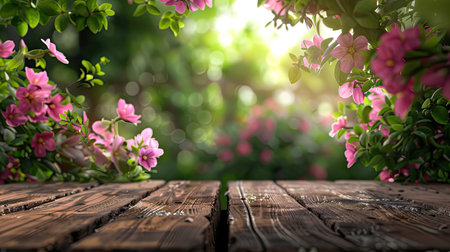 Empty wooden table with flower background with Blur effect.の素材