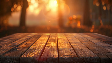 Empty wooden table with sunset background with Blur effect.の素材