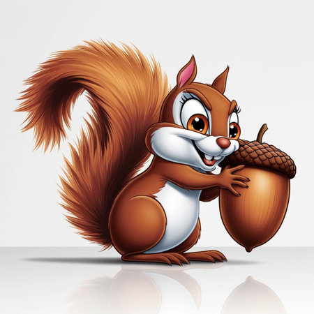 Mischievous squirrel holding large nut, fluffy tail, bright eyes, cartoonish style, white background, playful expression, vibrant colors, cute character, animated design, fun illustration.の写真素材