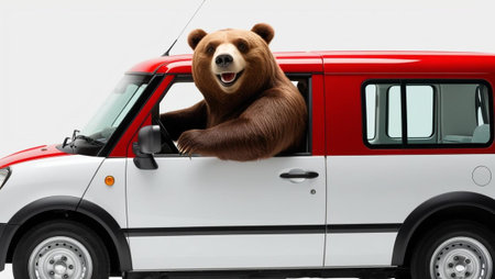Friendly bear driving mini delivery van, waving from window, exuding joy and playfulness against...