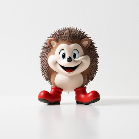 Smiling hedgehog with red boots, tiny spines, and friendly expression, cartoon style, on white background, brings joy and charm to any setting.の写真素材