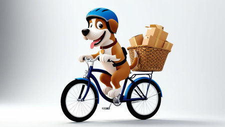 Happy bicycle courier dog riding bike with basket of packages, cartoon style, cheerful expression, white background, fun and playful vibe.の写真素材