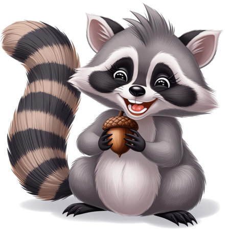 Giggling raccoon with tiny acorn, fluffy gray fur and striped tail, exuding joy and playfulness against white background.の写真素材