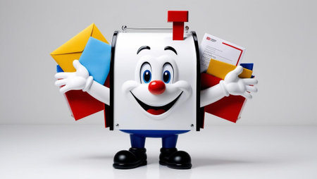 Smiling mailbox character with open arms, surrounded by letters and packages, cartoon style, cheerful expression, white background.の写真素材