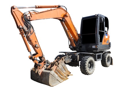 Yellow Excavator isolated on white. in korea.の写真素材