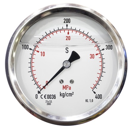 Pressure gauge in air isolated on white background, Pressure gauge in production process and old obsolete technology, electronic equipment Industry backgroundの写真素材