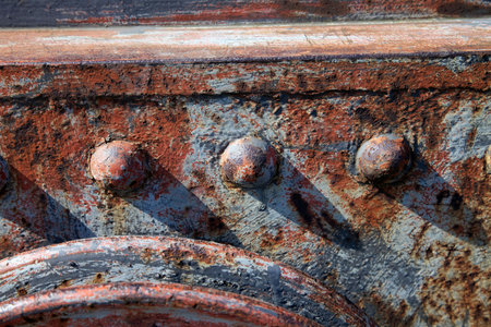 Rusty; Horizontal; Extreme Close Up; Full Frame; Outdoors; Selective Focus; Metal; Day; Backgrounds; Color Image; Rotting; Textured; No People; Photography. Old paintの写真素材