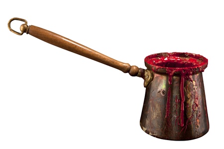 Old vintage copper pot with seal wax on  white background の写真素材