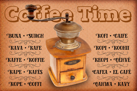Antigue coffee mill with textの写真素材