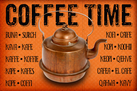 Antique copper coffee pot with textの写真素材