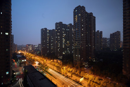 Zhabei district, Shanghai city building nightscapeのeditorial素材
