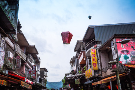 Shifen, Taiwan - June 4, 2018: Shifen old street is one of the most popular tourist attraction where thousands of people flock to the area for releasing the sky lantern with written prayers on it.のeditorial素材