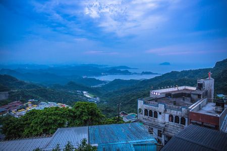 Jiufen, Taiwan - June 6, 2018: Beautiful sunset and night view of coastline at evening in Jiufen, Taipei, Taiwanのeditorial素材