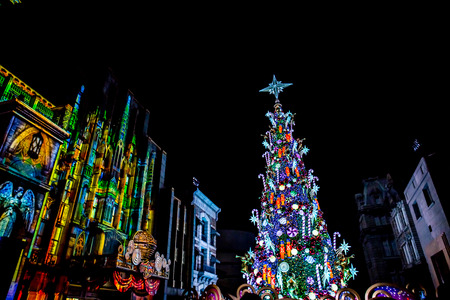 Osaka, Japan - November 18, 2018: The Christmas tree can illuminate different hues of colors, creating a spectacular view during this Christmas season at Universal Studio Japan.のeditorial素材