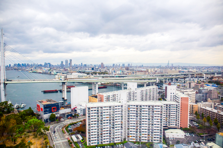 Osaka, Japan - November 19, 2018: Cityscape of Osaka city from Tempozan ferris wheel at Tempozan harbor village.のeditorial素材
