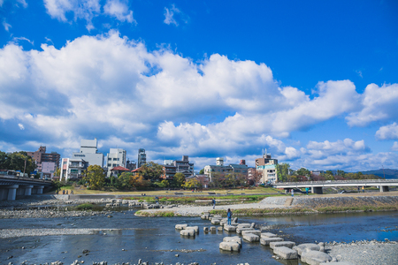 Kyoto, Japan - November 20, 2018: Kamogawa, which translates to âduck river,â runs throughout Kyoto Prefecture. It is a long stretch of river running from the Kyoto Basin down south to the Yodo River.のeditorial素材