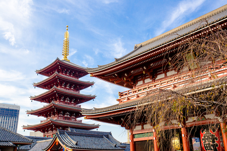 Tokyo, Japan - November 28, 2018: This five-storied pagoda at Sensoji temple is one of the most famous in Japan. Destroyed in the war, the buildings are relatively recent reconstructions.のeditorial素材