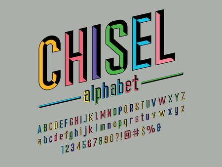 Chisel style alphabet design with uppercase, lowercase, number and symbolsのイラスト素材