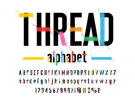 Stitched alphabet design with thread, embroidery letters with uppercase, lowercase, numbers and symbolのイラスト素材