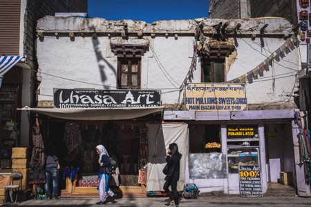 17 June 2017, Leh - India : One of the traditional mud brick shop houses located at the market...
