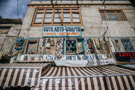 Leh, India â€“ 17 June 2017: One of the traditional mud brick shop houses located at the market...