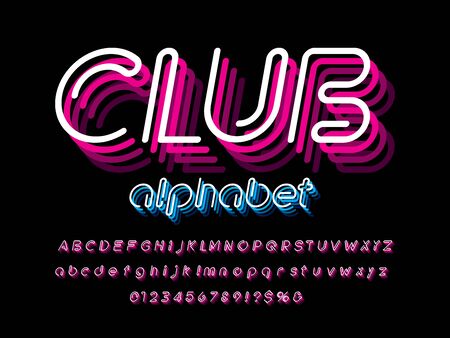 Neon light alphabet design with uppercase, lowercase, numbers and symbolのイラスト素材