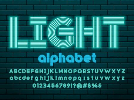 Glowing neon light alphabet design with uppercase, lowercase, numbers and symbolのイラスト素材