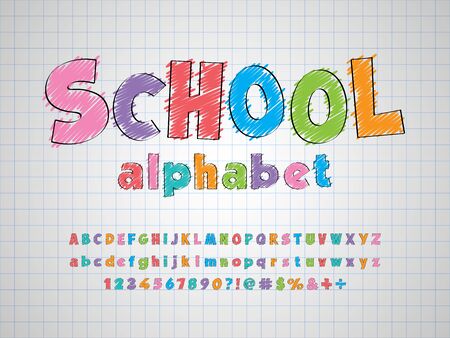 Colorful stylized scribble alphabet design with uppercase, lowercase, numbers and symbolsのイラスト素材