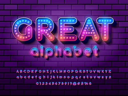 light bulb style alphabet design with uppercase, lowercase, numbers and symbolsのイラスト素材