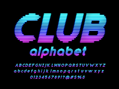 Glowing neon light alphabet design with uppercase, lowercase, numbers and symbolのイラスト素材