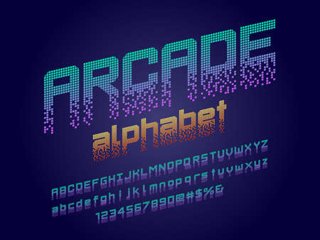 8 bit pixel style alphabet design with uppercase, lowercase, numbers and symbolのイラスト素材