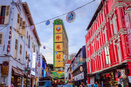 Singapore - 23 July 2019: facade of colorful old shophouse at Chinatown in Singapore.のeditorial素材