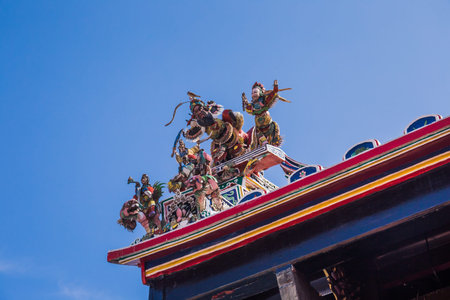Malacca, Malaysia - July 28 2019: Cheng Hoon Teng buddhism temple rooftop showing sculpture...