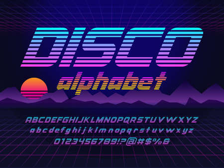 Retro futurism sci-fi alphabet design with uppercase, lowercase, numbers and symbolsのイラスト素材
