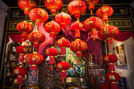 Malacca, Malaysia - July 26, 2019: Rows of red Chinese lantern hanging inside at a unique heritage hipster design cafe called Locahouz situated in an old double storey colonial building at Melaka.のeditorial素材