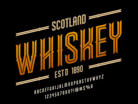 Vintage whiskey and bourbon label style alphabet design with uppercase, numbers and symbolsのイラスト素材