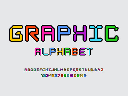 Colorful stylized alphabet design with uppercase, numbers and symbolsのイラスト素材