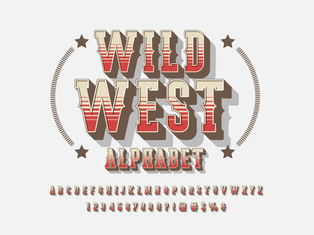 Vintage wild west western alphabet design with uppercase, lowercase, numbers and symbolsのイラスト素材