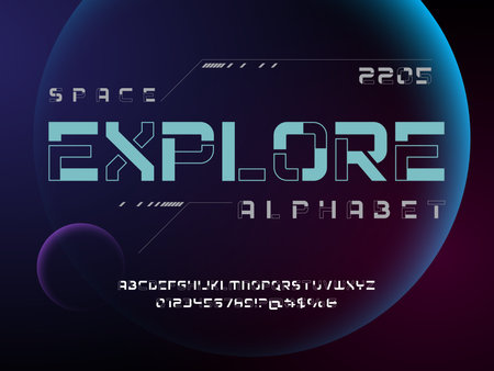 Future sci fi alphabet design with uppercase, numbers and symbolのイラスト素材