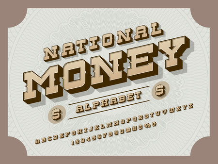 vintage style money alphabet design with decorative elements, uppercase, numbers and symbolsのイラスト素材
