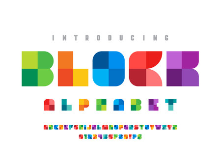 Colorful trendy geometry style alphabet design with uppercase, numbers and symbolsのイラスト素材