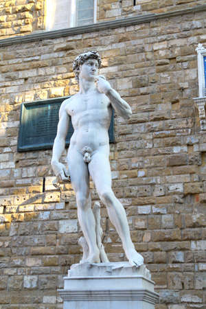 A replica statue of David by Michelangelo at Piazza della Signoria, Florenceの写真素材