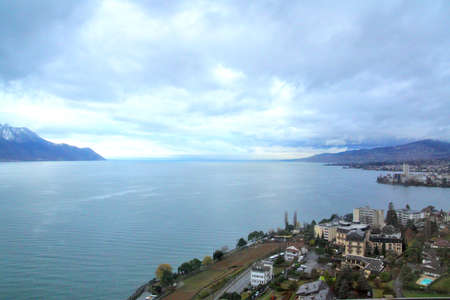 A dynamic lake view of a town near Bern, Switzerlandの写真素材