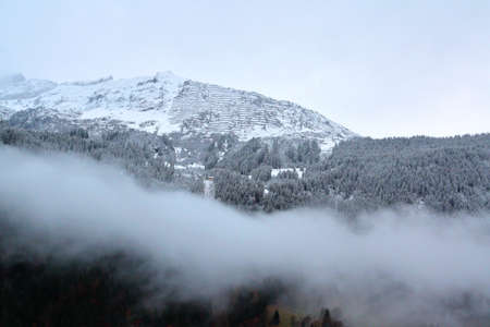 View of the Swiss Alps from the train heading up Jungfraujoch, Switzerlandの写真素材