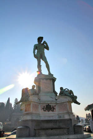 The replica bronze statue of David standing at Piazzale Michelangelo, Florenceの写真素材