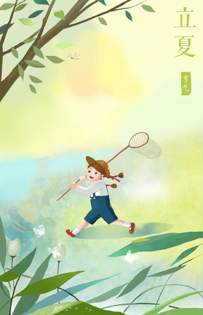 beginning of summer-happy child catching butterflyの写真素材