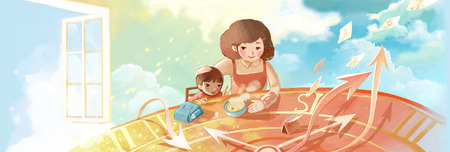 Mother's Day-loving mother cook homemade noodles to her child as breakfastの写真素材