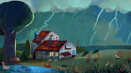 artistic conception illustration of Heavy thunderstorm animal home at nightの写真素材